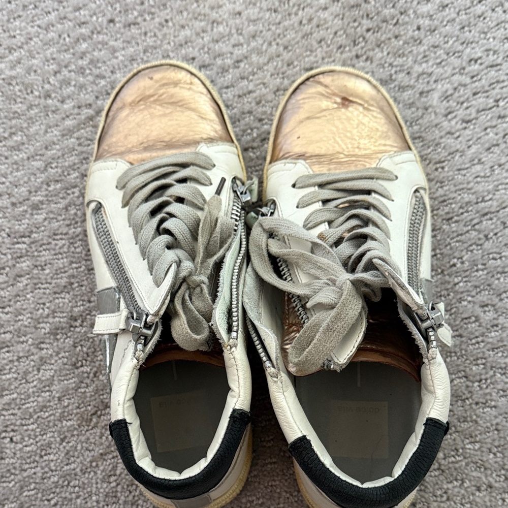 Rose Gold and White High-Top Sneakers